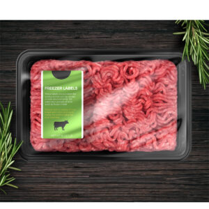 Freezer label affixed to package of frozen beef