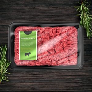 Freezer label affixed to package of frozen beef